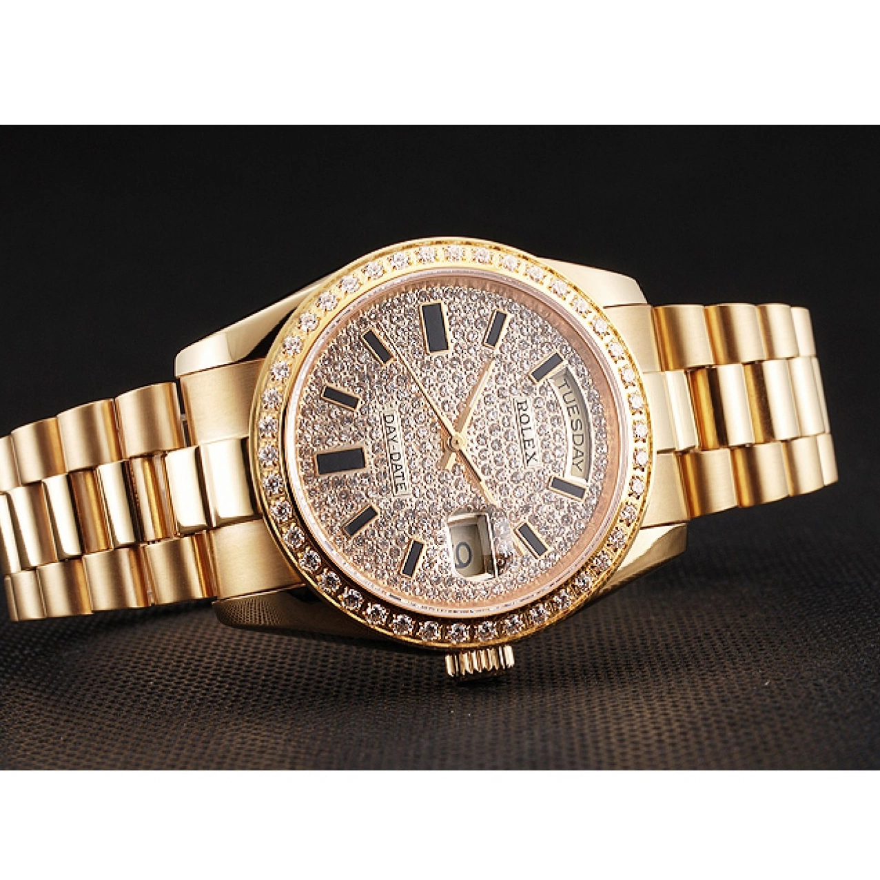 AAA replica watch And Pave Diamond Swiss And Day Bracelet Case Bezel Gold Dial Date Rolex 0824